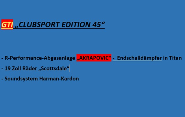 Volkswagen Golf GTI CLUBSPORT "EDITION 45" H&K "AKRAPOVIC"